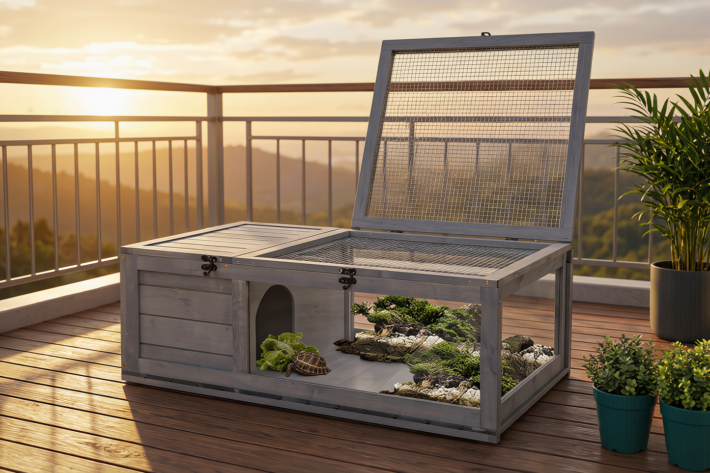 The Wild Den — Wooden Reptile Enclosure with 3-Window Panoramic View | For Turtles, Guinea Pigs, Lizards & Snakes
