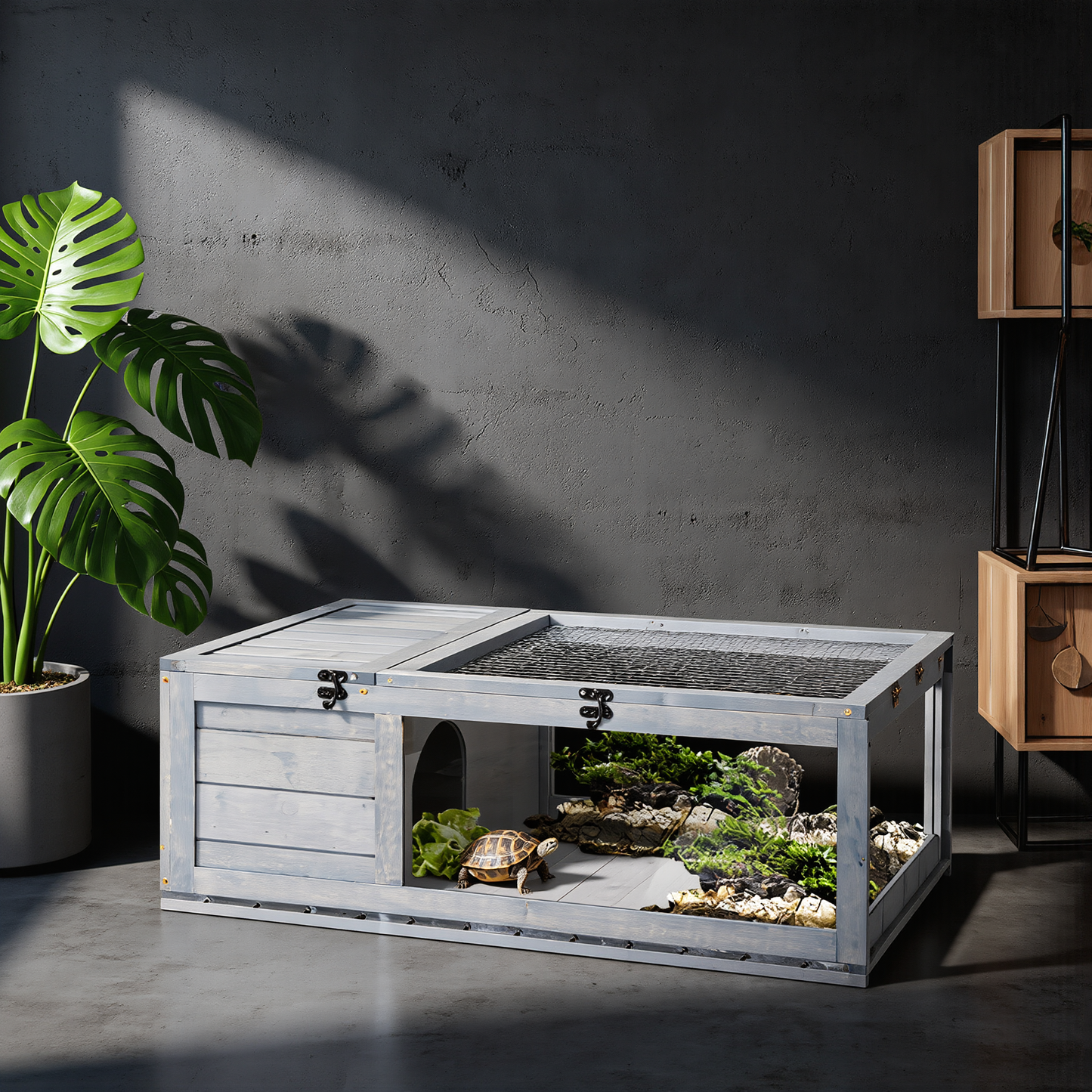 The Wild Den — Wooden Reptile Enclosure with 3-Window Panoramic View | For Turtles, Guinea Pigs, Lizards & Snakes