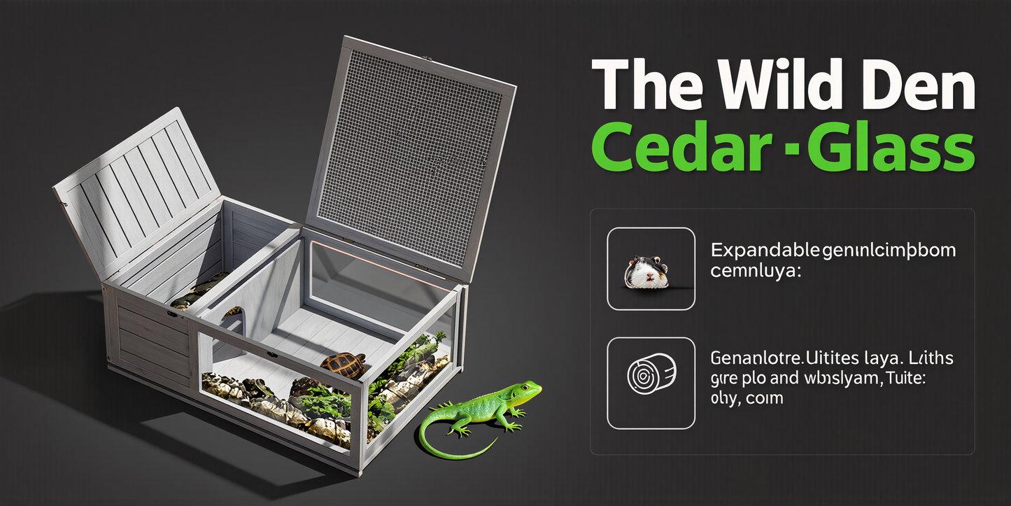 The Wild Den — Wooden Reptile Enclosure with 3-Window Panoramic View | For Turtles, Guinea Pigs, Lizards & Snakes