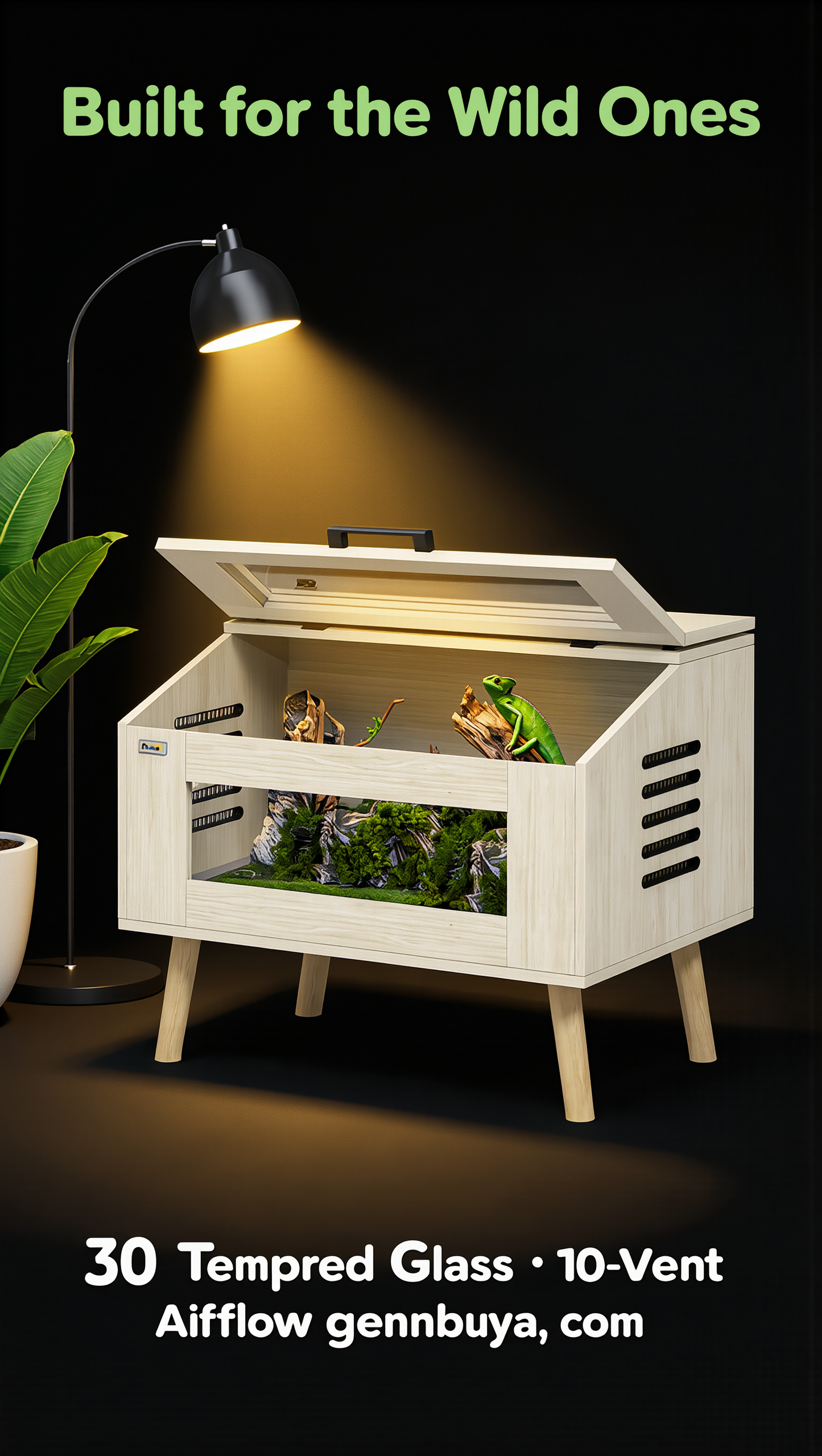 The Apex Den — 30 Gallon Reptile Enclosure 
with Top Opening & Glass Windows | For Snakes, 
Lizards, Horned Frogs & Chameleons